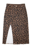 Brown Leopard Frayed Split Denim Midi Skirt With Pockets