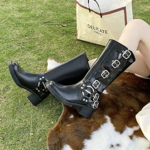 Block Heel Knee High : Motorcycle Boots With Buckle