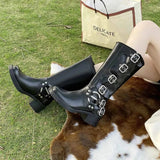 Block Heel Knee High : Motorcycle Boots With Buckle