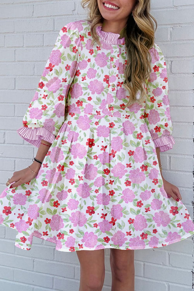 Pink Floral Print Striped Trim Flowy Mini Dress For Summer