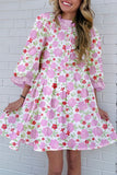 Pink Floral Print Striped Trim Flowy Mini Dress For Summer