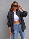 Distressed Drop Shoulder Fringe Denim Jacket Cotton Blend