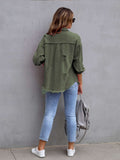 Distressed Drop Shoulder Fringe Denim Jacket Cotton Blend