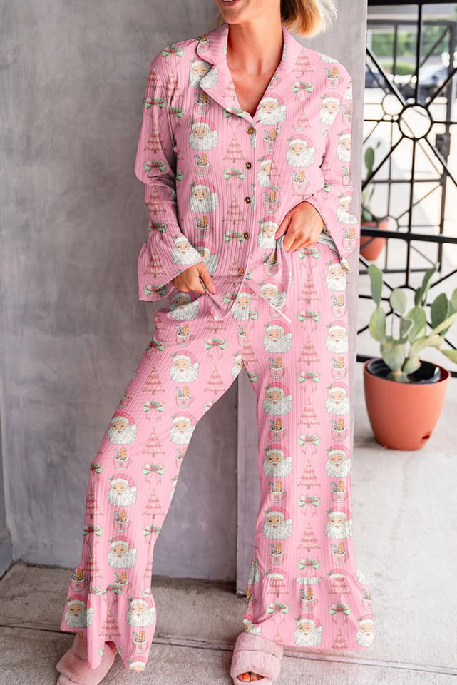 Pink Christmas Print Ruffle Ribbed Pajama Set With Shirt And Pants