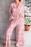 Pink Christmas Print Ruffle Ribbed Pajama Set With Shirt And Pants
