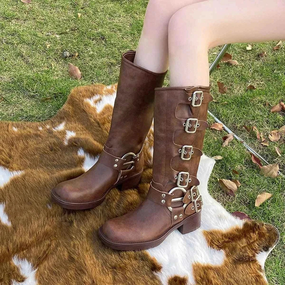 Block Heel Knee High : Motorcycle Boots With Buckle