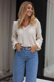 Beige Flower Lace V Neck Puff Sleeve Blouse For Women
