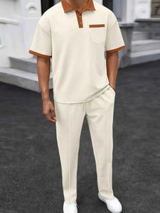 Men's Full Size Waffle-Knit Contrast Polo and Pants Set Plus Size