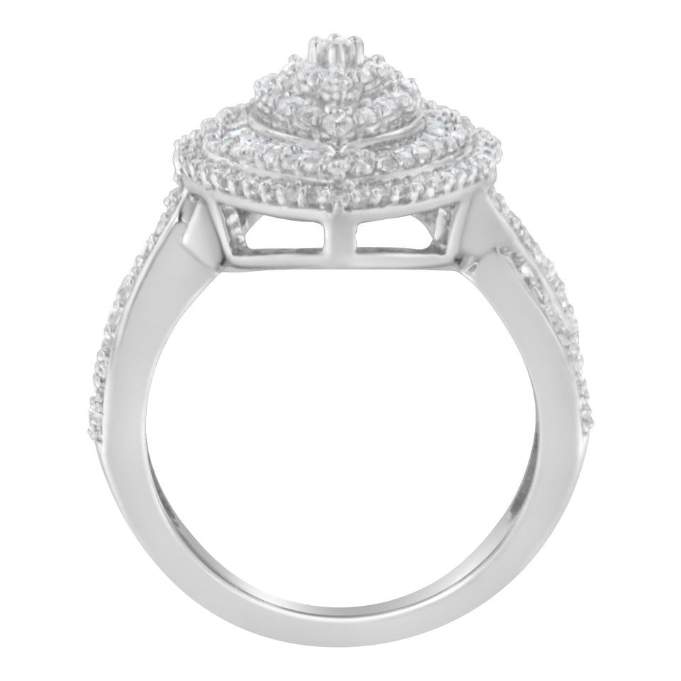 .925 Sterling Silver 1.0 Cttw Round & Baguette-Cut Diamond Marquise-Shaped Cluster Triple Stepped Halo Cocktail Fashion Ring (I-J Color, I2-I3 Clarity) - Size 7