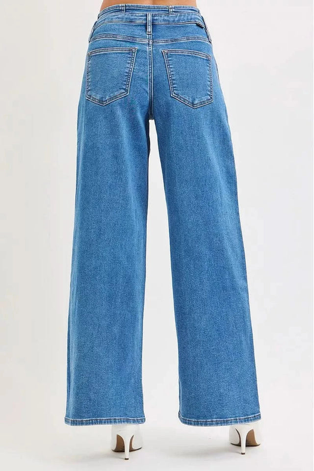 RISEN Plus Size Mid Rise Wide Leg Jeans With Pleated Detail For Flattering All Day Comfort Full Size