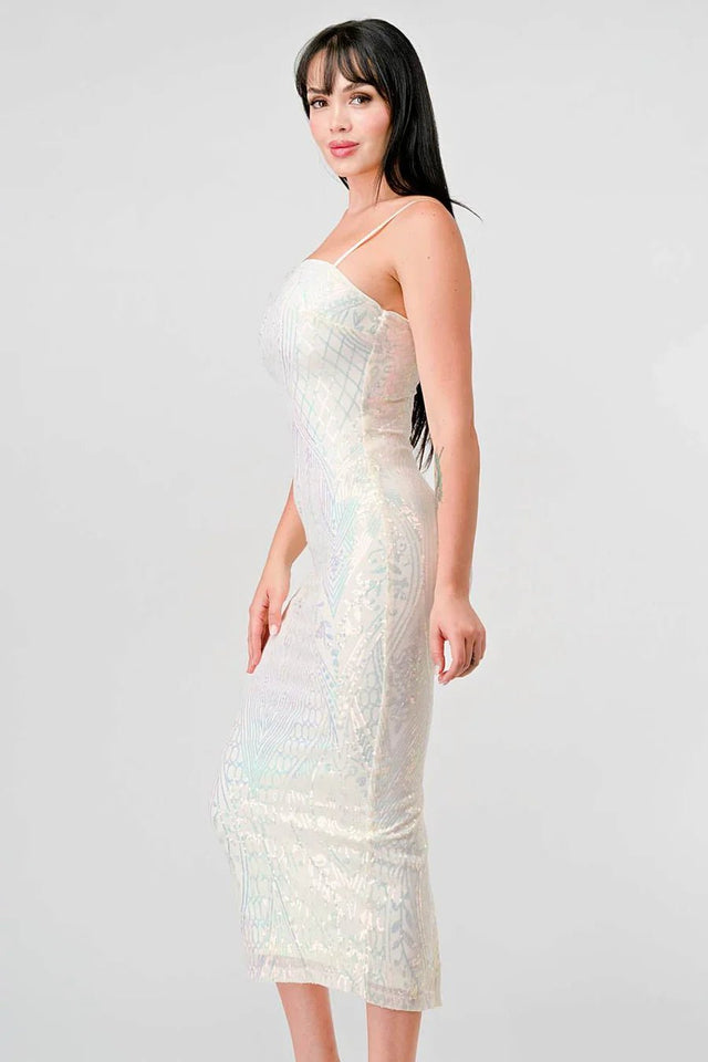 ENCHANTING PATTERN SEQUINS EMBELLISHED BACK SLIT MIDI DRESS - Wear with style