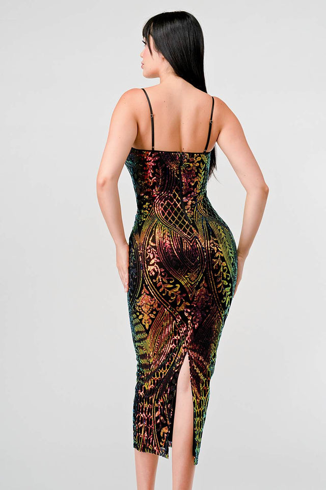 ENCHANTING PATTERN SEQUINS EMBELLISHED BACK SLIT MIDI DRESS - Wear with style