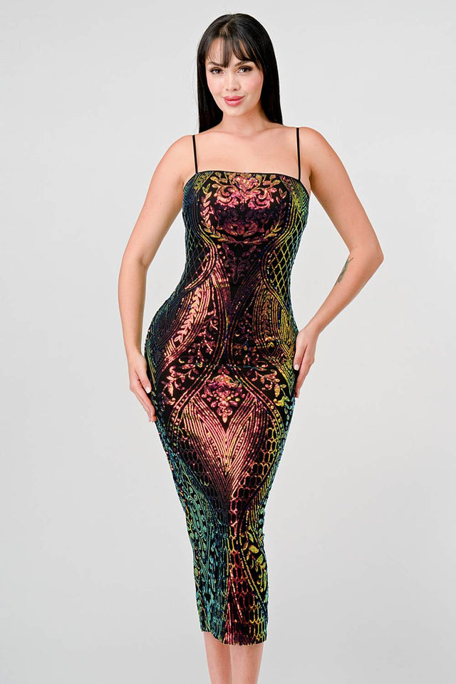 ENCHANTING PATTERN SEQUINS EMBELLISHED BACK SLIT MIDI DRESS - Wear with style