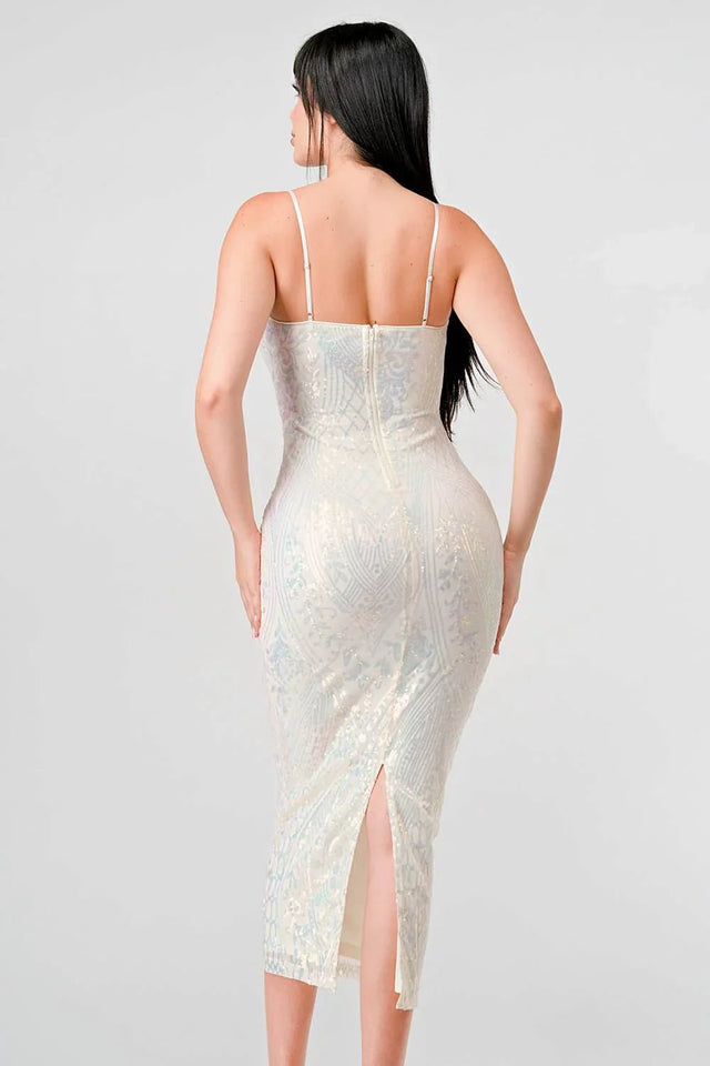 ENCHANTING PATTERN SEQUINS EMBELLISHED BACK SLIT MIDI DRESS - Wear with style