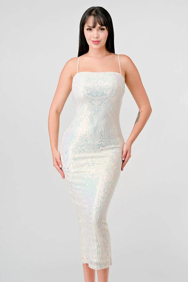 ENCHANTING PATTERN SEQUINS EMBELLISHED BACK SLIT MIDI DRESS - Wear with style