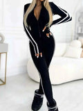 Full Size Stripe Zip-Front : Long Sleeve Jumpsuit Plus Size