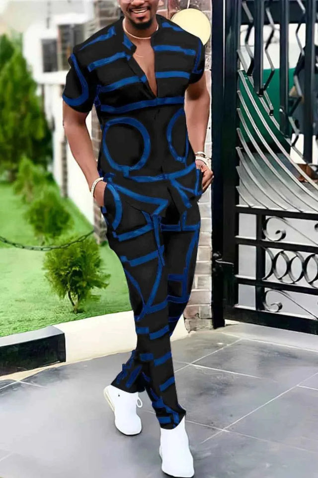 Men's Full Size Geo Print Short Sleeve Top and Pants Set Plus Size