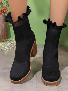 Stylish Ruffled Trim : Chunky Heel Boots