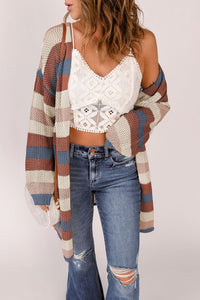 Dark Blue Color Block Striped Cutout Knit Cardigan