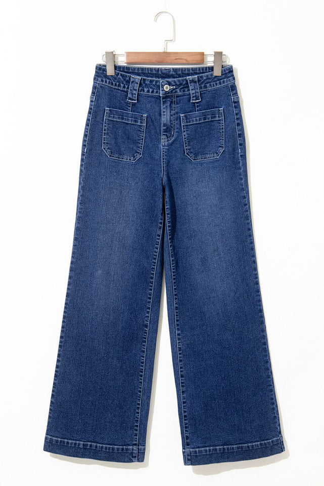 Sail Blue High Waist Wide Leg Jeans With Patch Pockets