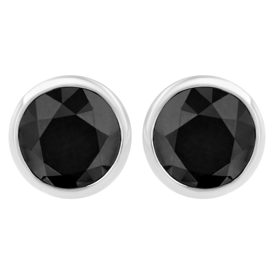 .925 Sterling Silver 4.00 Cttw Round Brilliant-Cut Black Diamond Bezel-Set Stud Earrings with Screw Backs (Fancy Color-Enhanced, I2-I3 Clarity)