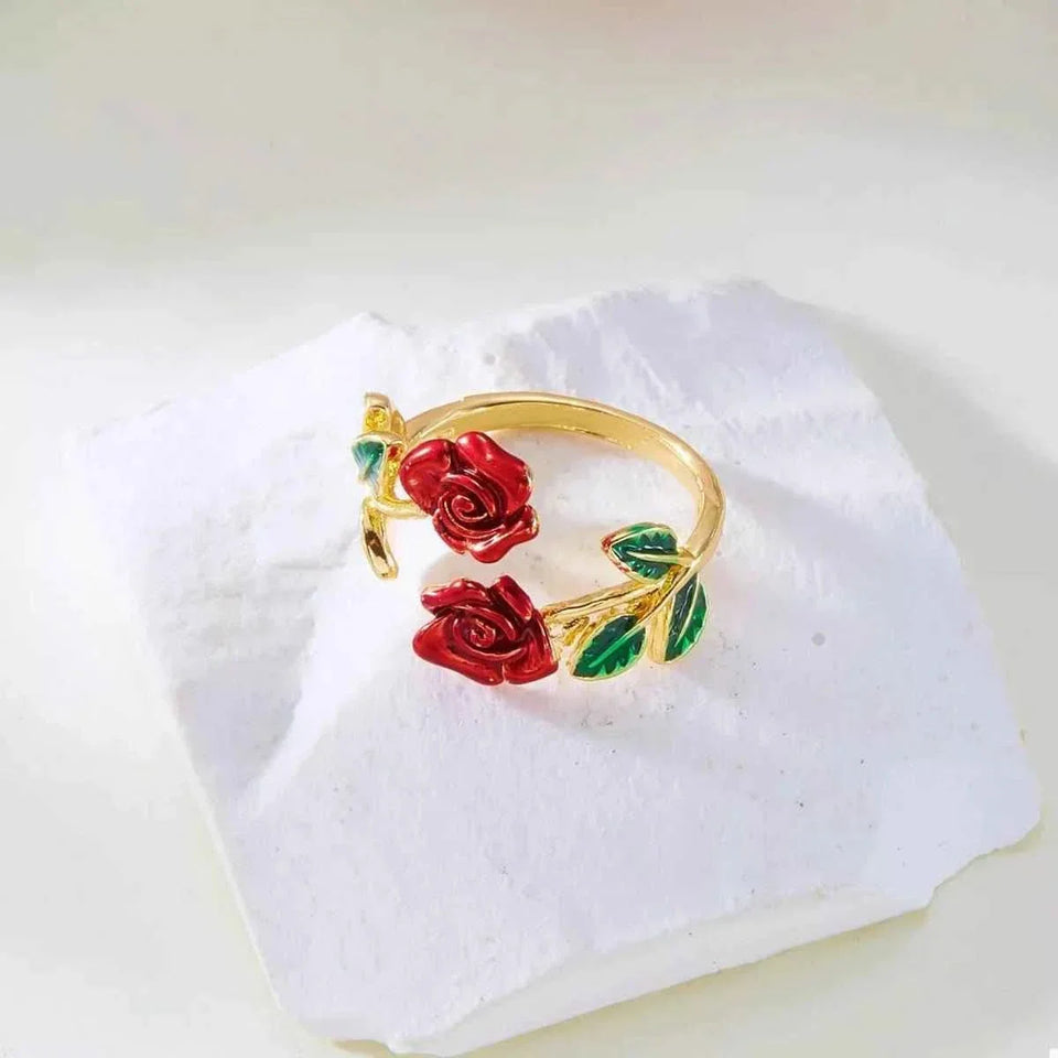 Rose Bypass Ring and Bracelet Jewelry Set