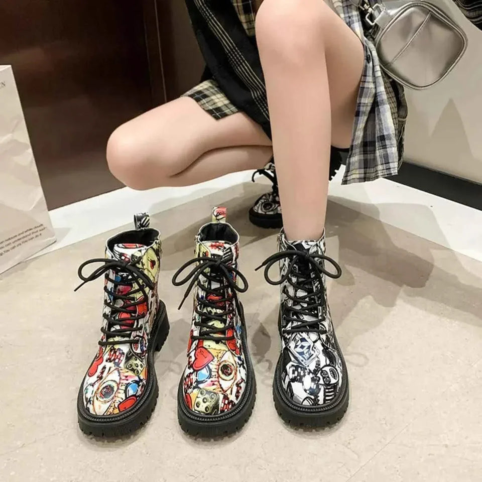 Graffiti Print Combat Boots : Colorful Street Art Design
