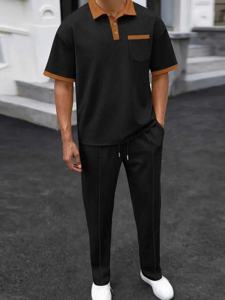 Men's Full Size Waffle-Knit Contrast Polo and Pants Set Plus Size