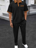 Men's Full Size Waffle-Knit Contrast Polo and Pants Set Plus Size