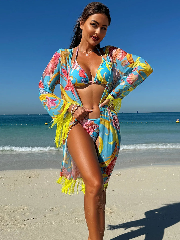 Feely tassel drape three piece swimsuit set - Wear with style