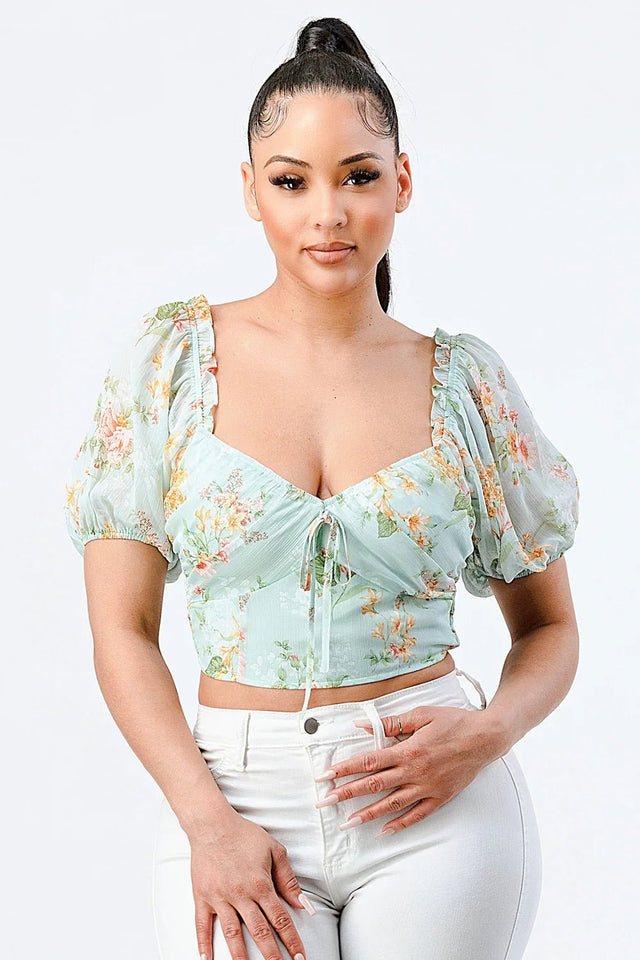 FLORAL CHIFFON SMOCKED SWEETHEART TOP - Wear with style