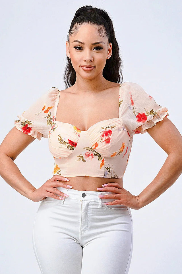 FLORAL CHIFFON SMOCKED SWEETHEART TOP - Wear with style