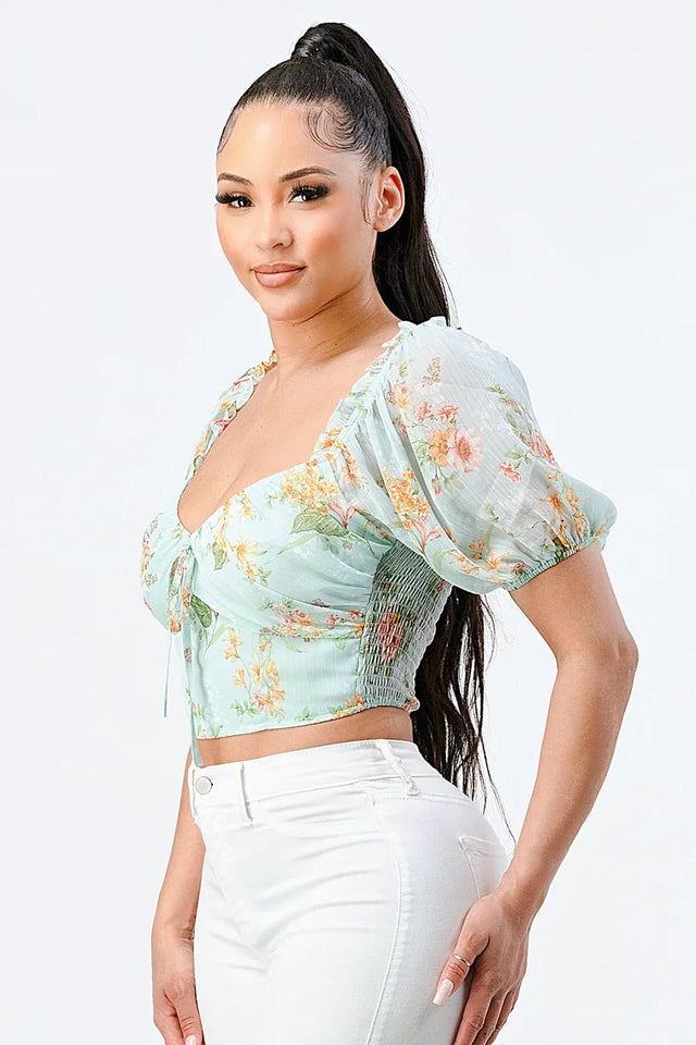 FLORAL CHIFFON SMOCKED SWEETHEART TOP - Wear with style