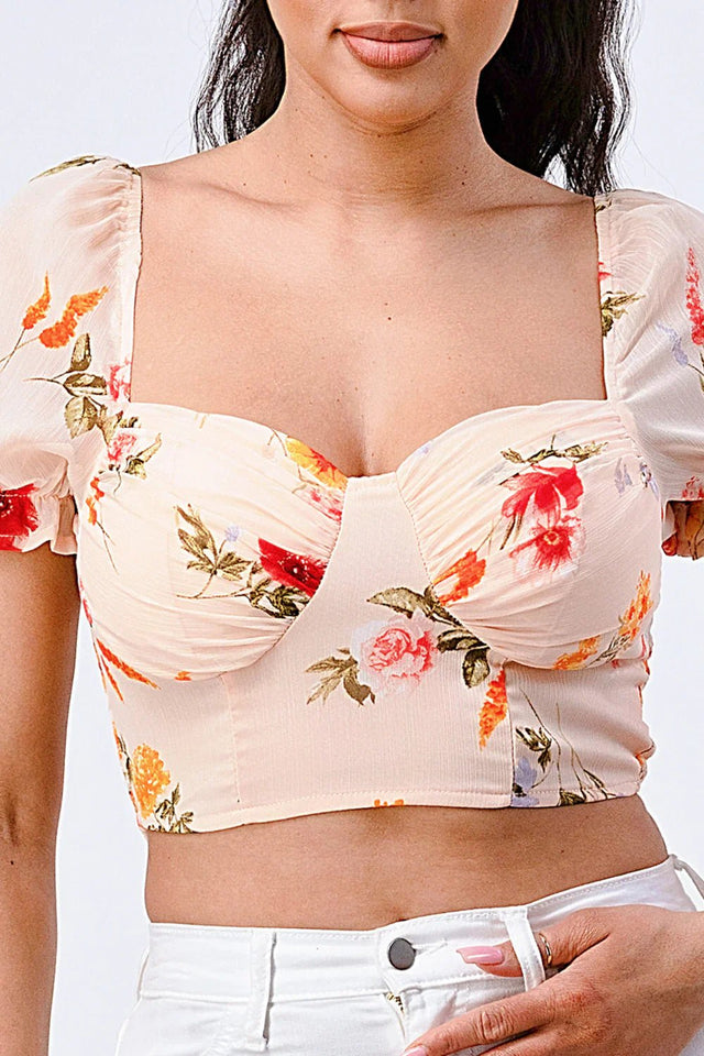 FLORAL CHIFFON SMOCKED SWEETHEART TOP - Wear with style