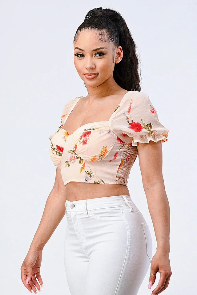 FLORAL CHIFFON SMOCKED SWEETHEART TOP - Wear with style