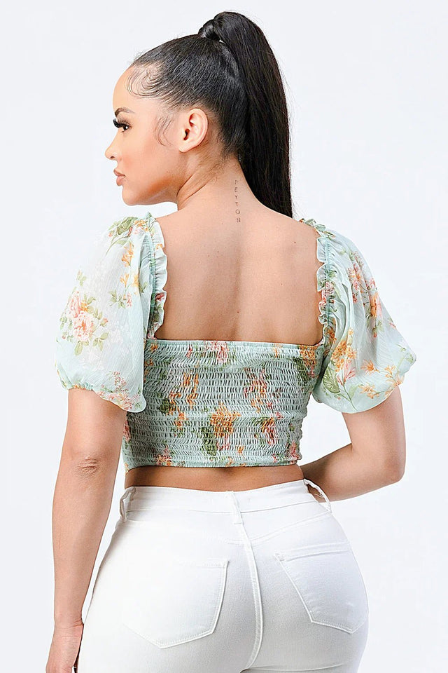 FLORAL CHIFFON SMOCKED SWEETHEART TOP - Wear with style
