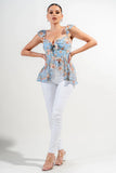 FLORAL KNOT TIE SWEETHEART FLUTTER RUFFLED TOP - Wear with style