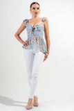 FLORAL KNOT TIE SWEETHEART FLUTTER RUFFLED TOP - Wear with style