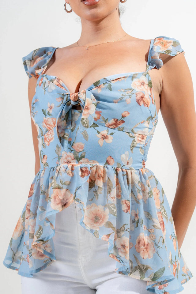 FLORAL KNOT TIE SWEETHEART FLUTTER RUFFLED TOP - Wear with style