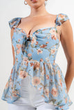 FLORAL KNOT TIE SWEETHEART FLUTTER RUFFLED TOP - Wear with style