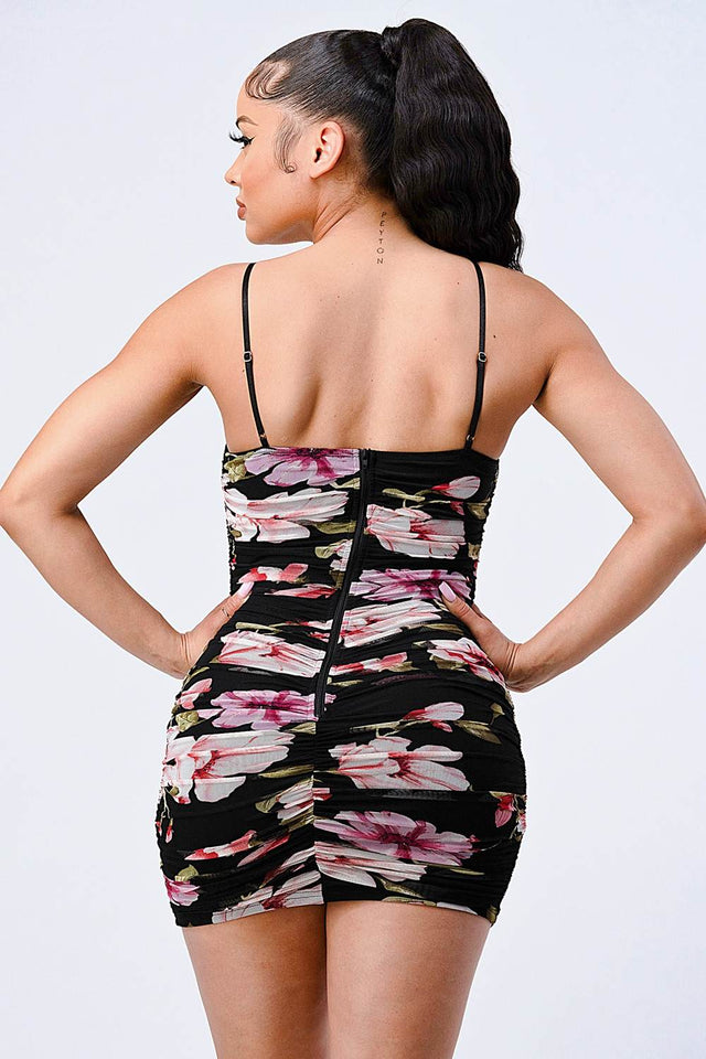 FLORAL MESH RUCHED BODYCON MINI DRESS - Wear with style