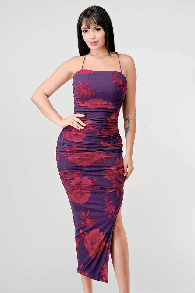 FLORAL PRINT MESH SIDE SLIT DRAWSTRING BACK SLITTED BODYCON MIDI DRESS - Wear with style