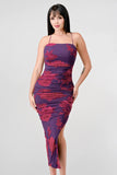 FLORAL PRINT MESH SIDE SLIT DRAWSTRING BACK SLITTED BODYCON MIDI DRESS - Wear with style