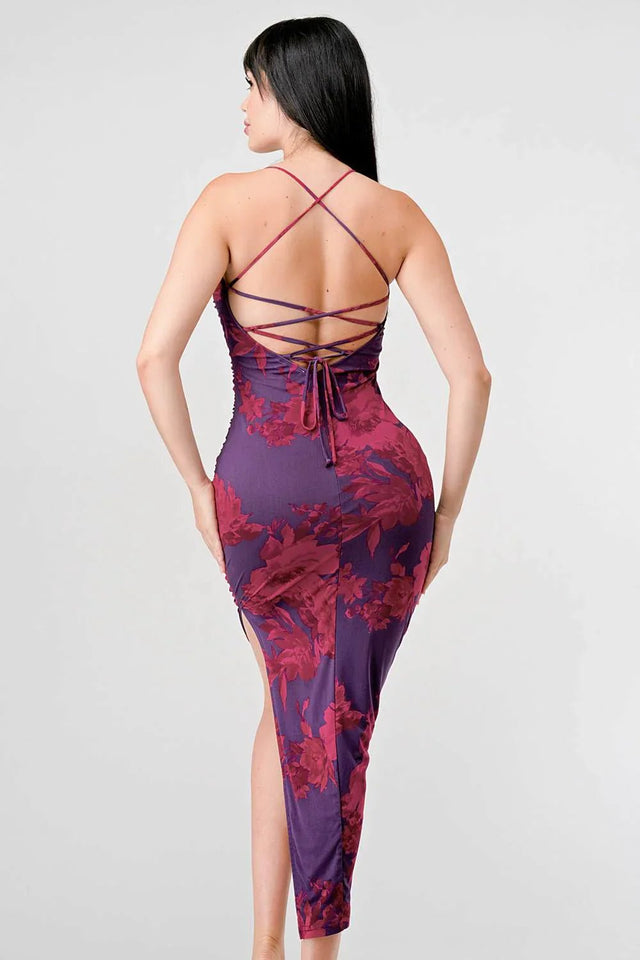 FLORAL PRINT MESH SIDE SLIT DRAWSTRING BACK SLITTED BODYCON MIDI DRESS - Wear with style
