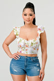FLORAL SWEETHEART RUCHED FLUTTER SLEEVES CROPPED TOP - Wear with style