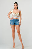FLORAL SWEETHEART RUCHED FLUTTER SLEEVES CROPPED TOP - Wear with style