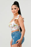 FLORAL SWEETHEART RUCHED FLUTTER SLEEVES CROPPED TOP - Wear with style
