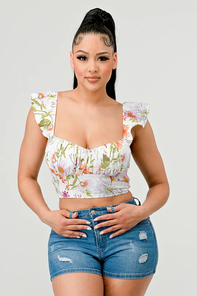 FLORAL SWEETHEART RUCHED FLUTTER SLEEVES CROPPED TOP - Wear with style