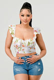 FLORAL SWEETHEART RUCHED FLUTTER SLEEVES CROPPED TOP - Wear with style