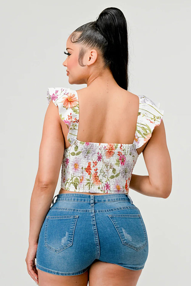 FLORAL SWEETHEART RUCHED FLUTTER SLEEVES CROPPED TOP - Wear with style